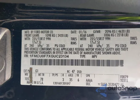 2016 Ford Escape S z USA, uszkodzony, nr VIN 1FMCU0F7XGUC23134